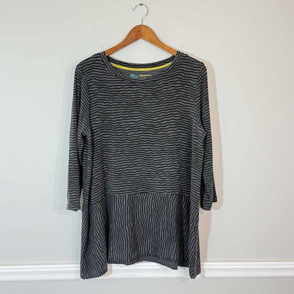 Gudrun Sjoden Lagenlook Tencel Striped 3/4 Sleeve Tunic Top Size XL Gray *Read*